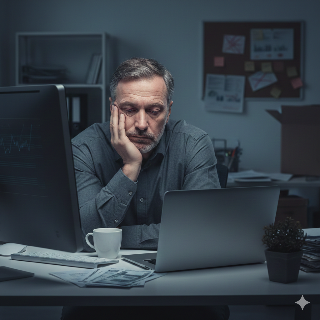 Zmęczony pracownik biurowy odczuwający objawy wypalenia zawodowego przy komputerze